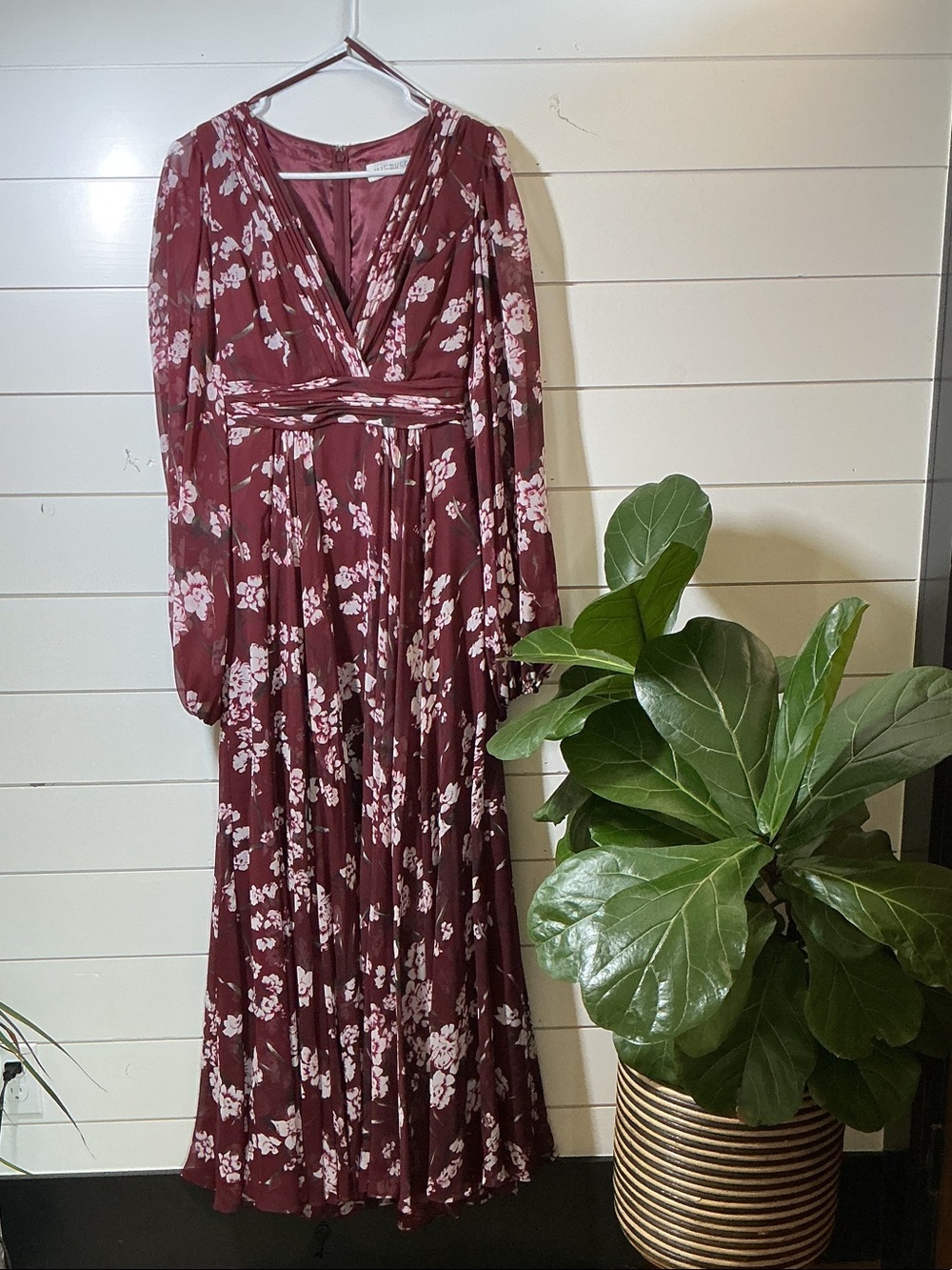 Mac Duggal Burgundy Floral Maxi Dress with Blush Accents